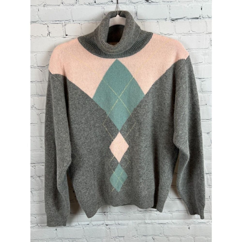 TALBOTS VTG argyle lambswool angora rabbit gray turtleneck sweater pullover M